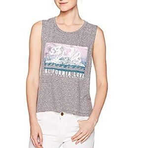 BILLABONG Grey Batik Cali Bear Graphic Print Chest Pocket Muscle Tank Women LRG